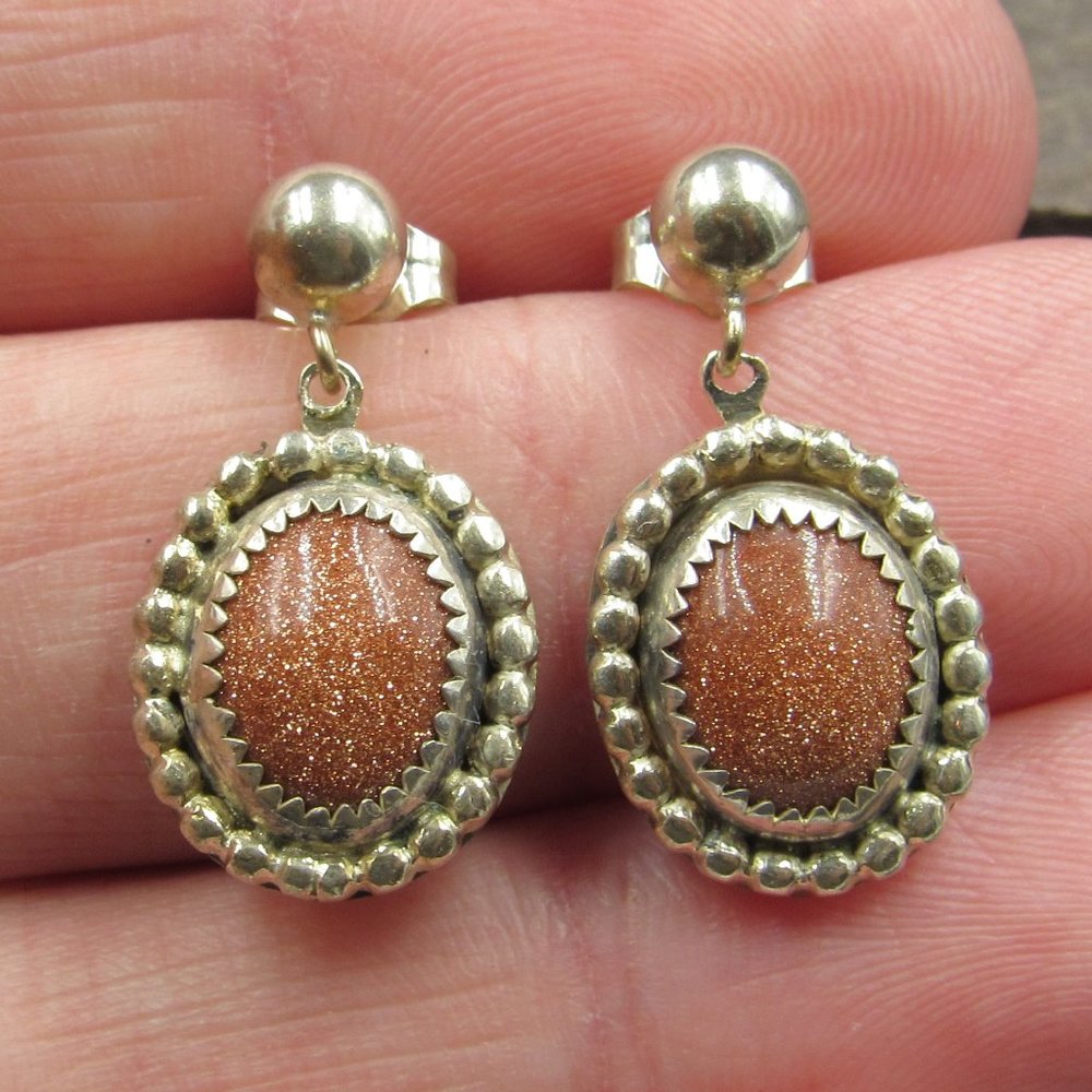 Sterling Silver Brown Sparkly Stone Dangle Earrings Vintage